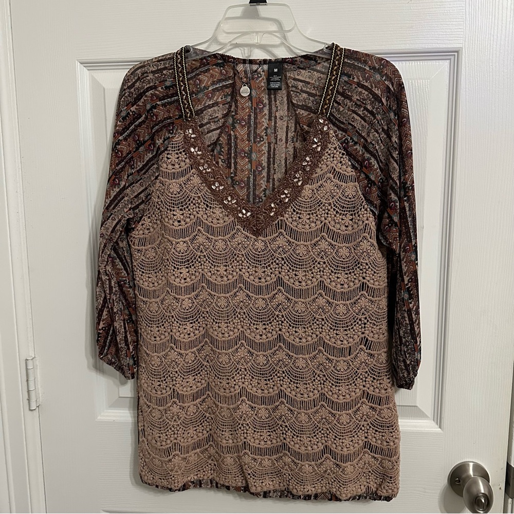 BKE Tan and Brown Graphic Embellished Blouse